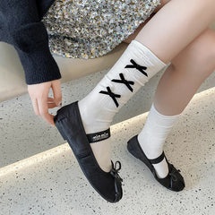 Lbsfy Spring and Autumn Socks Woman Solid Color Bowknot Sweet Lolita Black White Socks for Women