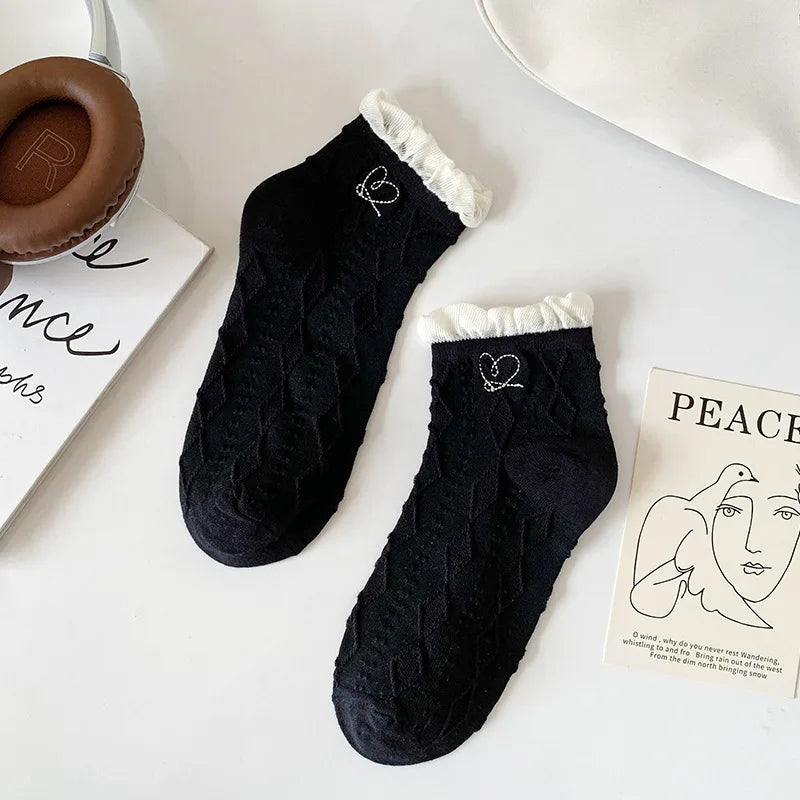 Lbsfy Women's Short Socks Spring Summer Love Cherry Embroidered Casual Cotton Low Tube Ruffle White Black Cute Kawaii Girl Cotton Sock