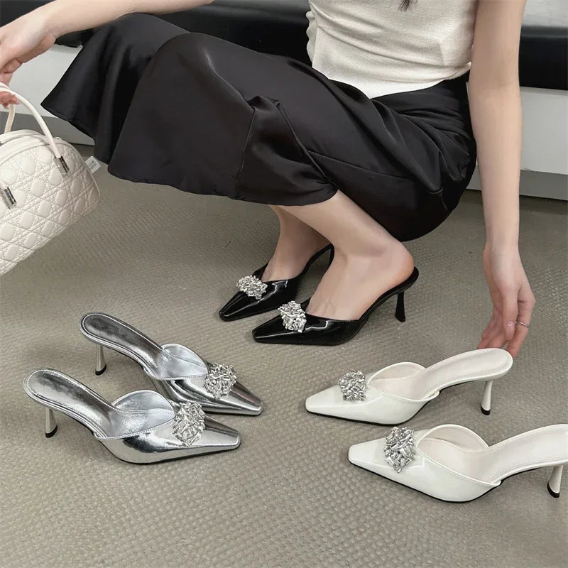 LBSFY -Rhinestone Pointed Toe Women Slippers Mule Shoes Elegant Spring Summer High Heels Zapatos De Mujer