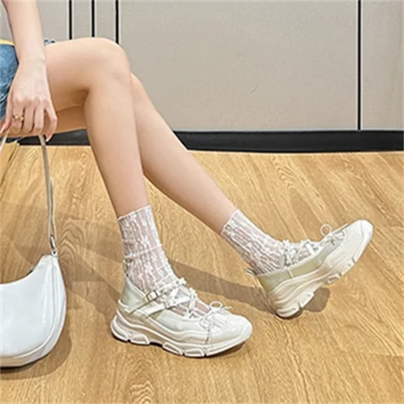 Lbsfy String Bead Butterfly-Knot Breathable Women Sneakers Lace-Up Thick Bottom Hand-made Ladies Shoes Casual Fashion Tenis De Mujer