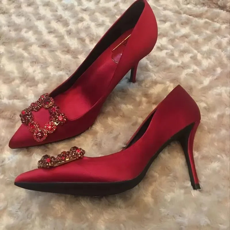 LBSFY  -  Luxury Rhinestone Pointed Toe Women Pumps Elegant Crystal Wedding Bridal Shoes Satin Silk Square Button Design Mules High Heels