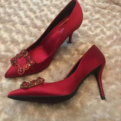 LBSFY  -  Luxury Rhinestone Pointed Toe Women Pumps Elegant Crystal Wedding Bridal Shoes Satin Silk Square Button Design Mules High Heels
