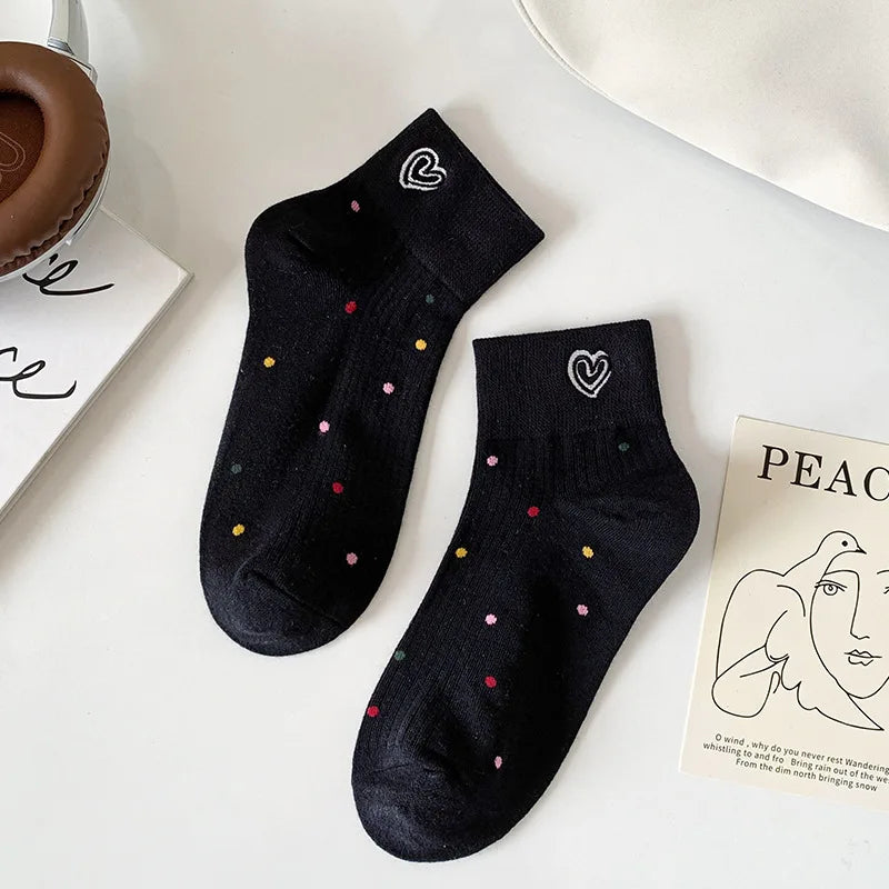 Lbsfy Women's Short Socks Spring Summer Love Cherry Embroidered Casual Cotton Low Tube Ruffle White Black Cute Kawaii Girl Cotton Sock