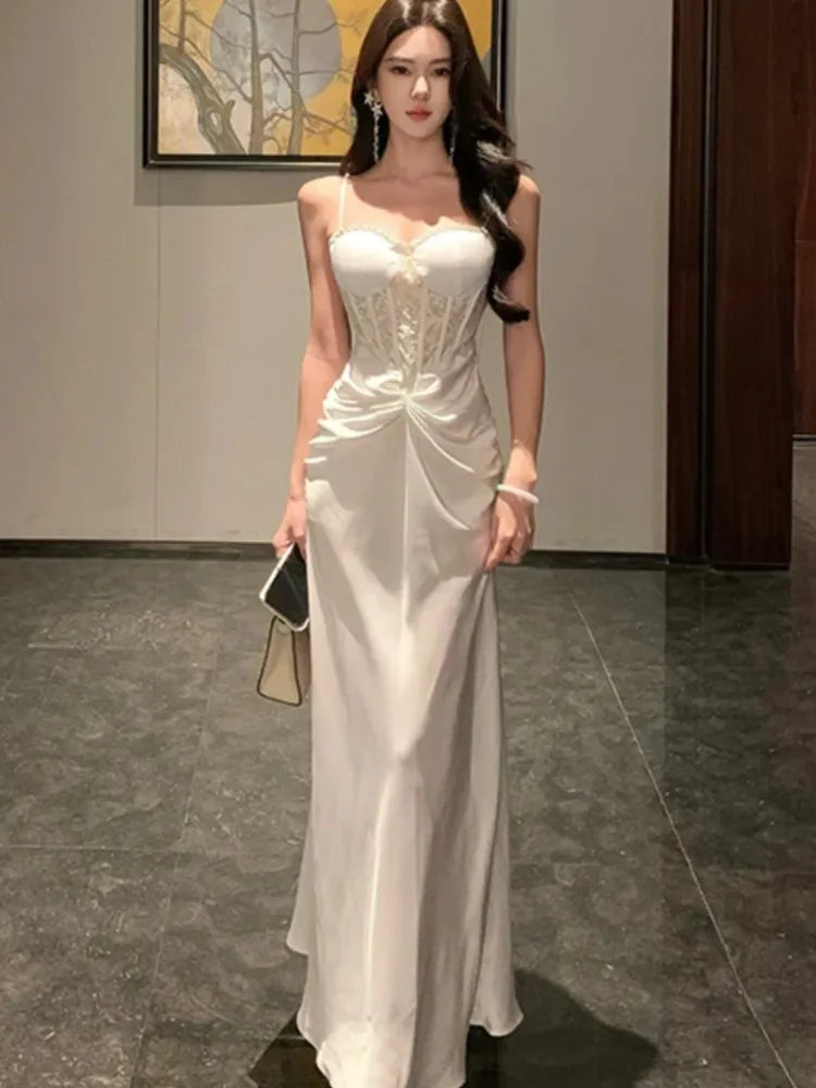 LBSFY -Summer Women's Elegant Sexy Evening Long Dresses White Spaghetti Strap Sleeveless Backless Wedding Party Birthday Robe New Chic