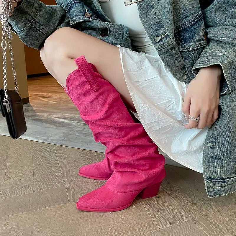 LBSFY  -  Large Size 34-43 New Faux Suede Knee High Boots Women Pointed Toe Block High Heels Pleated Fashion Boots Winter Shoes