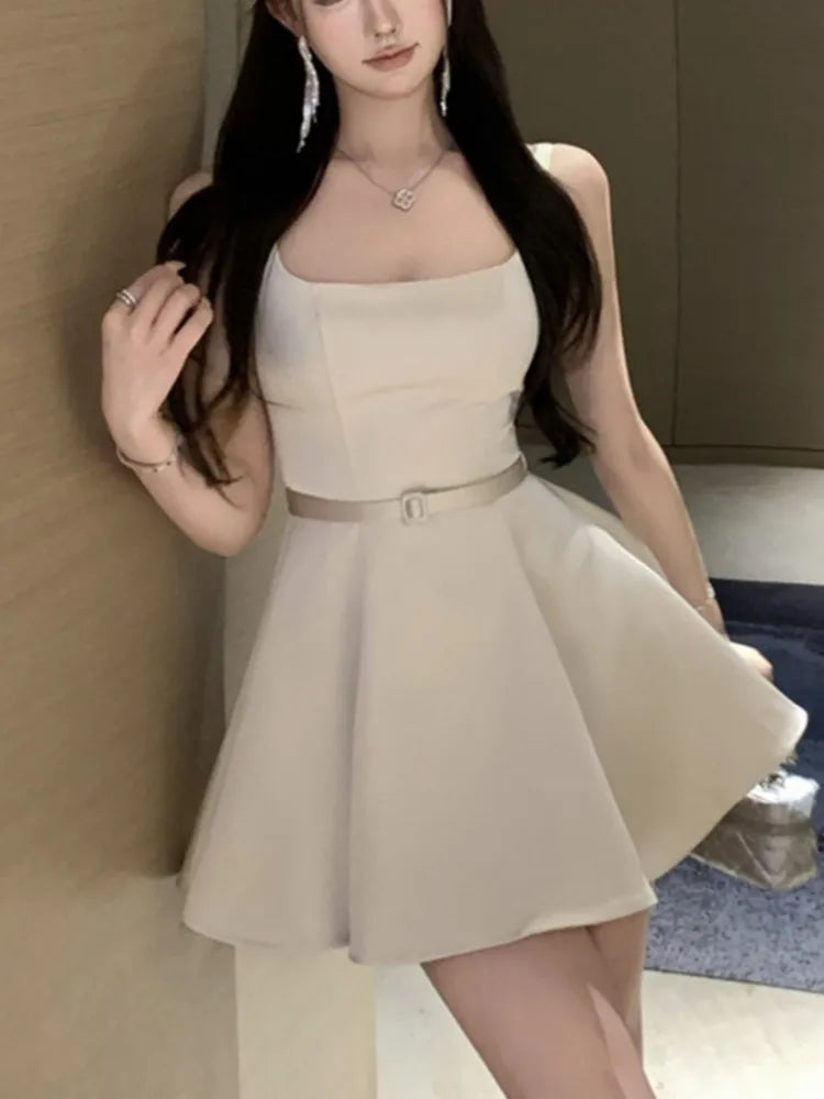 LBSFY -Elegant Vintage Sexy Satin Mini Dress Solid Square-Collar Slim Waist Ball Gown Korean Chic Evening Party Prom Female Clothes
