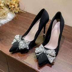 LBSFY -New Fashion Bowknot Pointed Toe High Heels Pumps Women's Stiletto White Pearl Bridal Wedding Shoes Banquet Party Dress Shoes