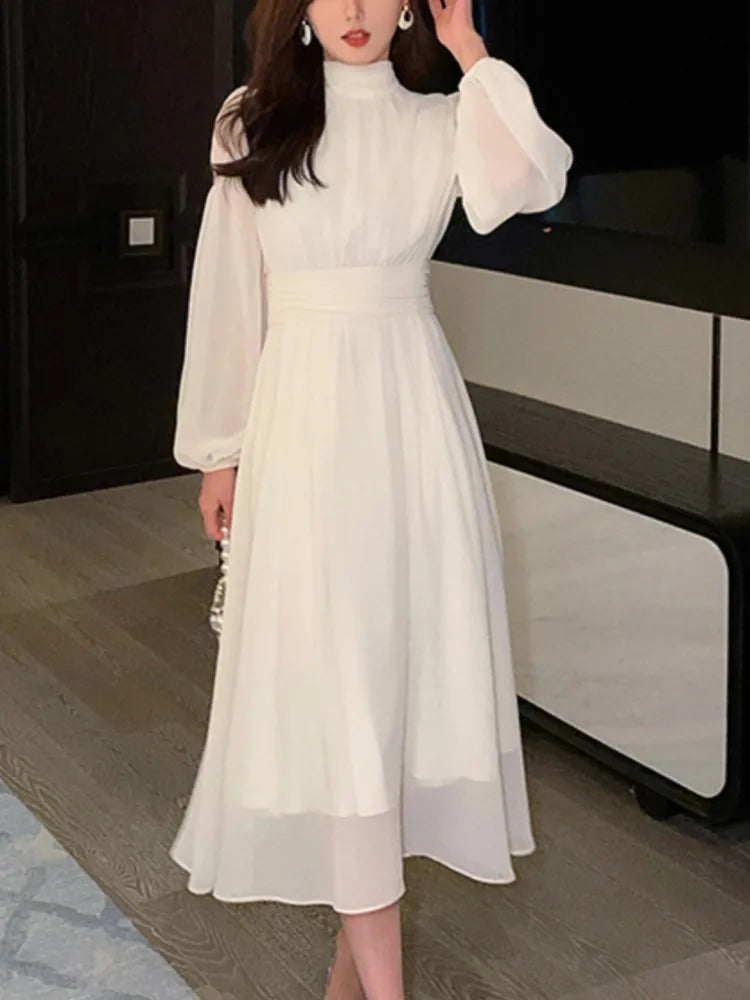 LBSFY -Elegant Long Sleeve Evening Dresses for Women Autumn Slim Lace Up A-Line Party Prom White Dress Autumn French Female Clothes New