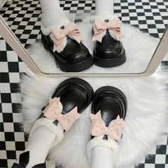 LBSFY  -  Cute Lolita Shoes for Women Warm Add Velvet Black Bow Tie White Round Toe Chic Kawaii Hairy Platform Womens Casual Shoes