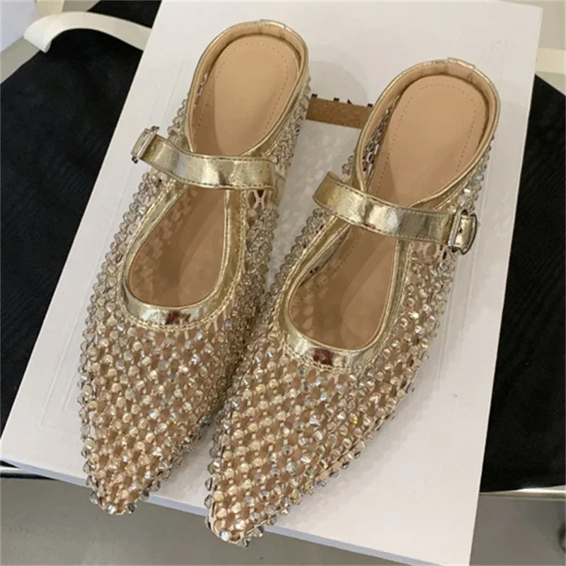 LBSFY -Mesh Hollow Out Buckle Strap Mules Slippers Women Elegant Fashion Pointed Toe Square Low Heels Shoes