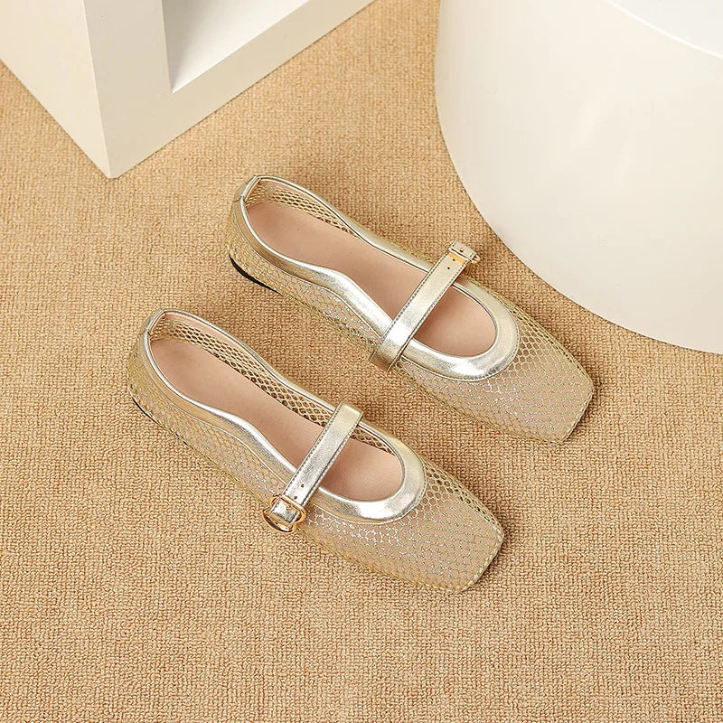 LBSFY  -  Fashion Square Toe Mesh Ballet Flats Buckle Strap Mary Janes Breathable Hollow Out Single Shoes Female Flat Bottom Casual Shoes