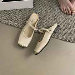 LBSFY -New Fashion Stylish Women's Square - Toe Metal  Capped Buckle Women's Strap Mules in Multiple Colors Large Size Zapatos Mujer