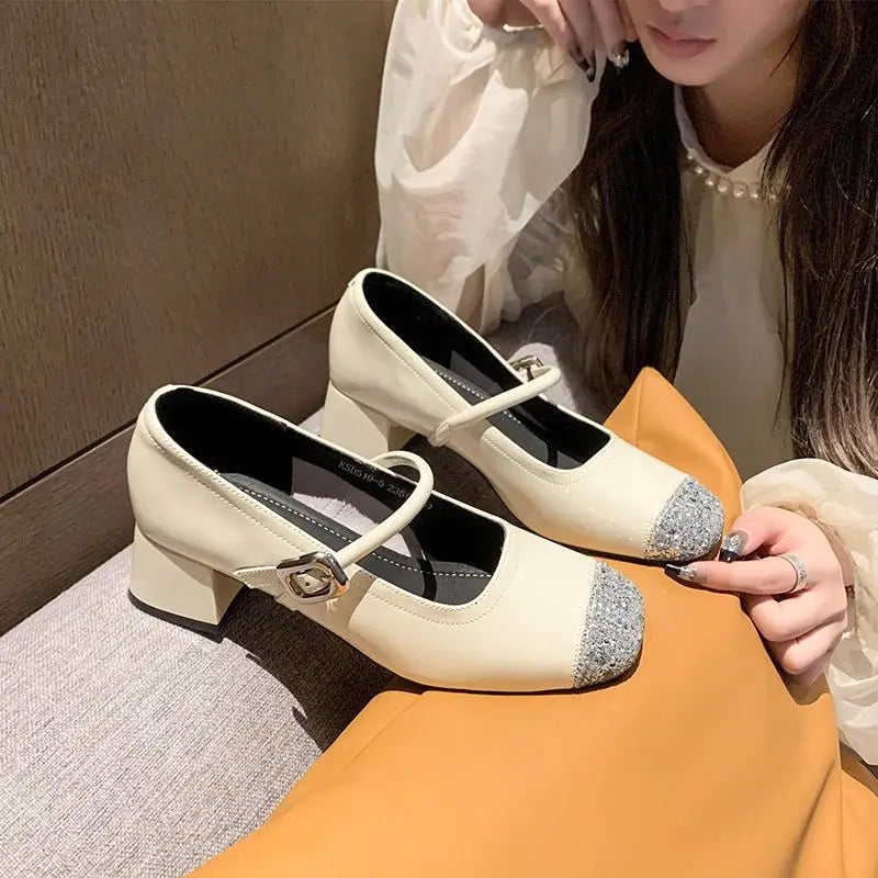LBSFY -Women's Mary Jane Shoes Leather Summer Dresses French Style Wear-resistant Round Toe Mid Heel Ladies Design Single Lolita Shoes