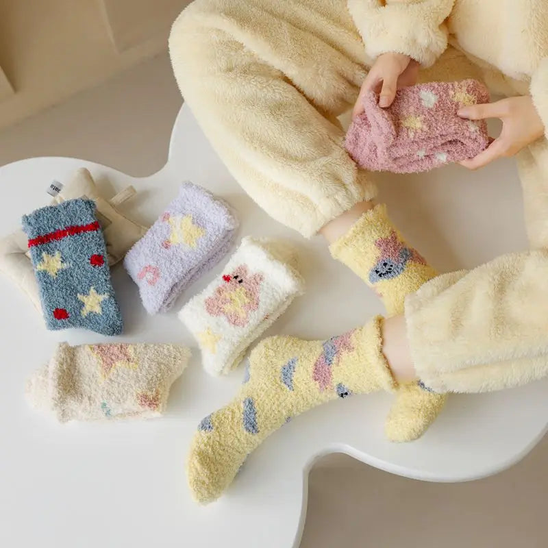 Lbsfy Socks Women Winter Warm Fluffy Fuzzy Cute Middle Tube Thick Thermal Soft Coral Fleece Floor Sleep Cartoon Star Short Crew Socks