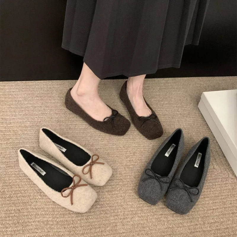 LBSFY -Woman Casual Square Head Bow Flats Flock Mocasines Ballerina Church Flats Female Suede Elegant Soft Sole Women Shoes