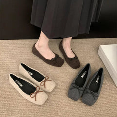 LBSFY -Woman Casual Square Head Bow Flats Flock Mocasines Ballerina Church Flats Female Suede Elegant Soft Sole Women Shoes