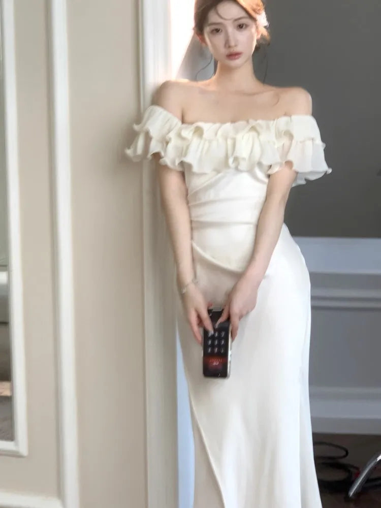 LBSFY -Elegant Party Chic Satin Mermaid Dress For Woman Ruffles Slash-Neck Slim Fit Patchwork Solid Dresses Evening Prom Female Clothes