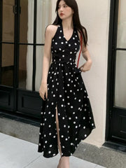 LBSFY -Dot Chic Retro Elegant French Style Polka Sling Dresses Bow Backless Slim Waist Halter-neck Split Dress Spring Summer 2025 New