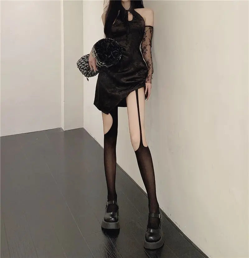 Lbsfy Fishnet Stockings Women Solid Color Black White Grid Crotchless Pantyhose Long Socks Lace Nightclub Sexy Stockings