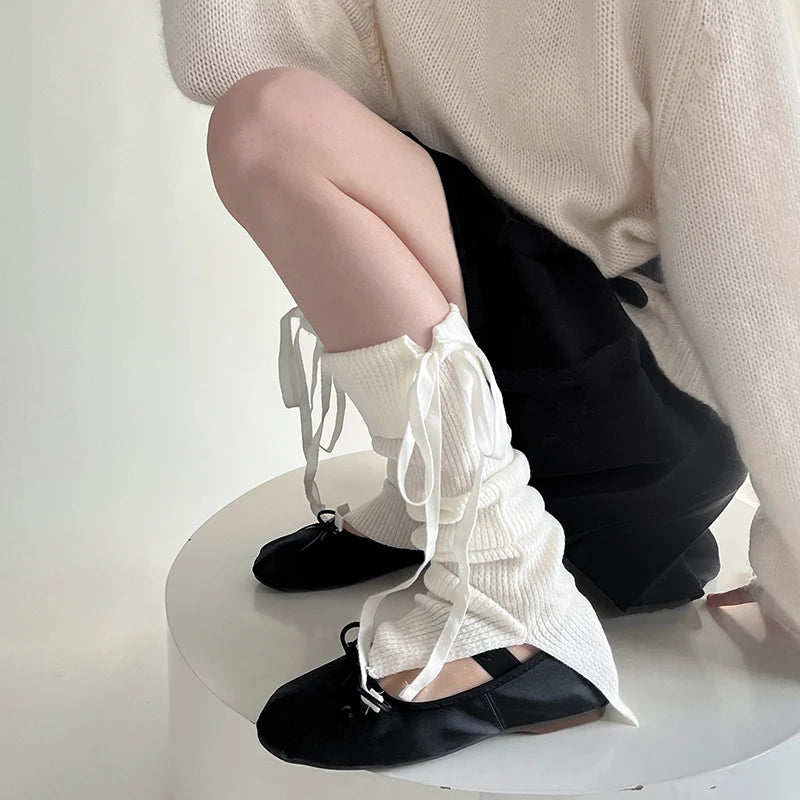 Lbsfy Korean Bow Tie Strap Knitted Leg Socks Y2K Leg Warmers Long Calf Covers Punk Japanese JK Pile Socks Stockings Stacked Socks