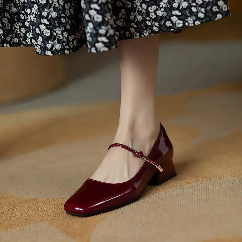 LBSFY -Elegant High Heels French Dress Party Shoes for Woman Platform Patent Leather Mary Jane Burgundy Black Square Toe Mid-heel Pumps