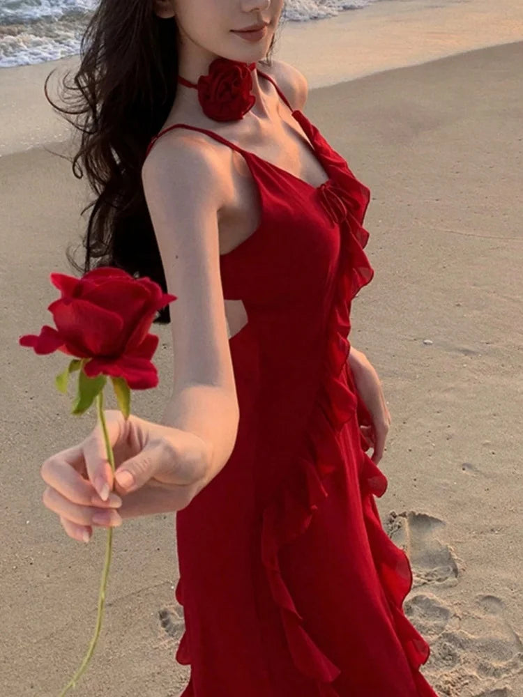 LBSFY -Women French Style Elegant Vintage Red Ruffles Party Dresses Slim A-Line V-Neck Wedding Evening Dress Spring Summer New 2025