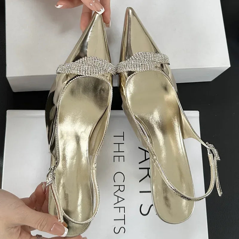 Lbsfy Gold Pointed Toe Pumps Sandals Female Summer 2025 Elegant Slingbacks Shoes Sexy Crystal High Heels Wedding Party Shoes Women