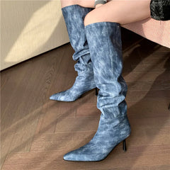 LBSFY  -  2024 New Fashion Slip On Over The Knee Boots Pleated Genuine Leather Boots For Women Thin High Heels Winter Boots