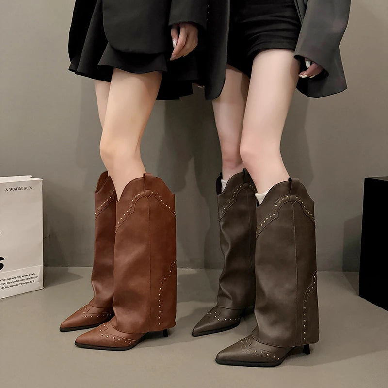 LBSFY -Woman Cowgirl Boots Fashion Slip on Ladies Elegant Square Heel Long Pipe Boots Shoes Retro Women's Winter Footwear