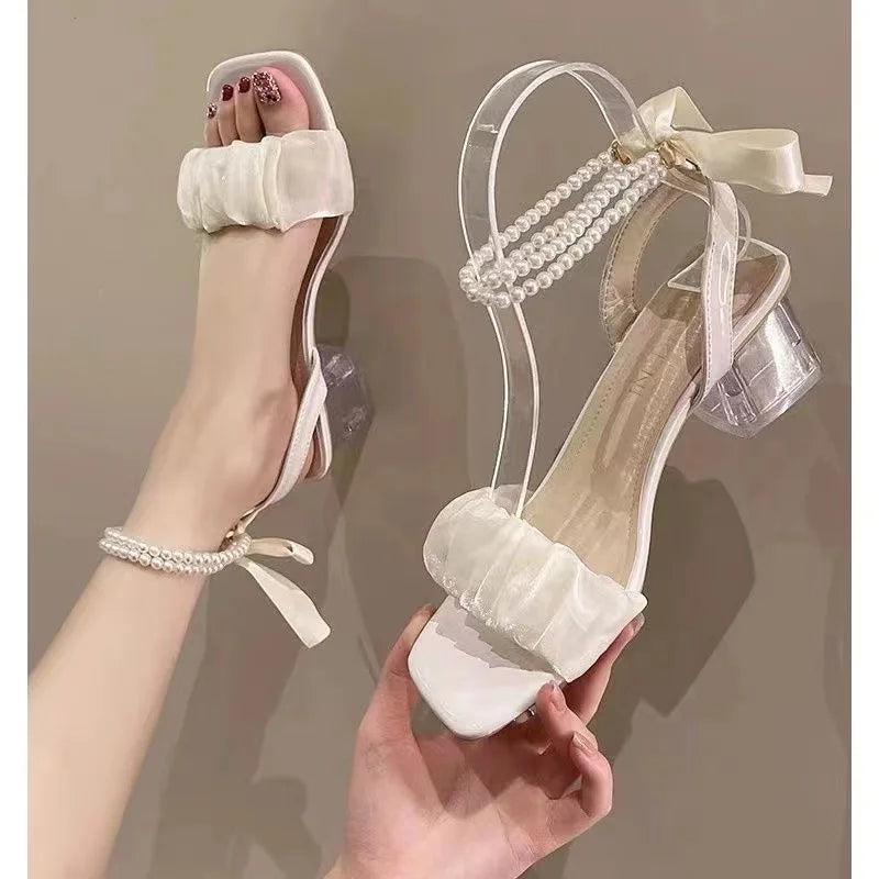 LBSFY -French Evening Wind Niche Pearl High-heeled Sandals Women's Summer 2025 New Middle Heel Fairy Wind Super Fire Fashion Sandals