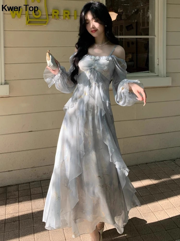LBSFY -Autumn French Fashion Print Fairy Long Dresses Women Elegant Ruffles A-Line Party Birthday Vestido Female One Piece Clothes New