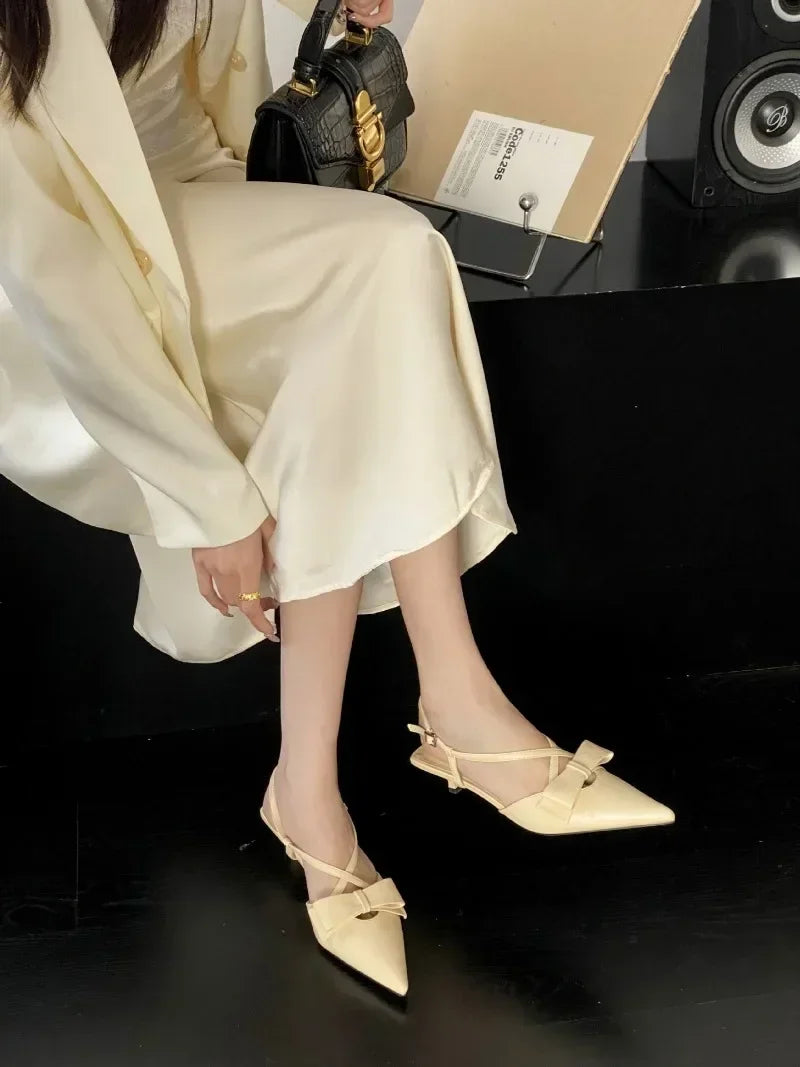 Lbsfy Fashion Small Low Heel Sandals Women Summer Sexy Pointed Toe Slingbacks Mules High Heels Elegant Bow Cross Strap Women Pumps