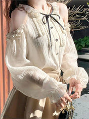 LBSFY -Women Fashion Elegant Casual Blusas Mujer Long Sleeve Webbing Tops O-neck Ruffles Bandage Lace Up Summer Sweet Chic 2025 Clothes