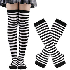 Lbsfy 1 Set Women Girls Over Knee Long Stripe Thigh High Cotton Gothic Lolita Socks Arm Sleeve Gloves Sweet Cute Black Overknee Socks