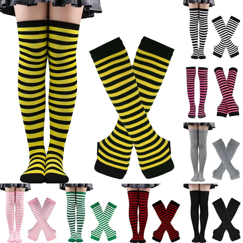 Lbsfy 1 Set Women Girls Over Knee Long Stripe Thigh High Cotton Gothic Lolita Socks Arm Sleeve Gloves Sweet Cute Black Overknee Socks