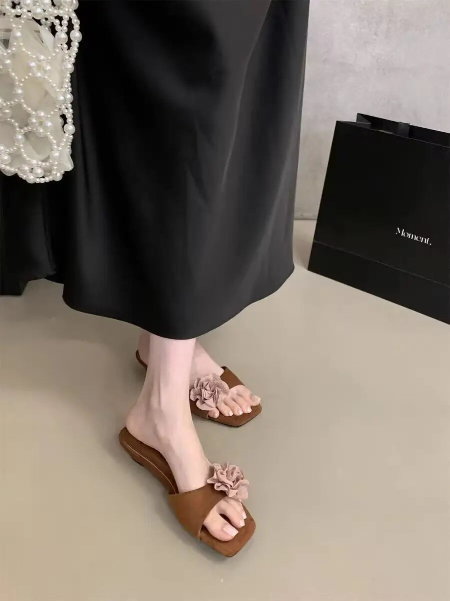 LBSFY -Women French Flowers Slippers Summer Slides Open Toe Flat Casual Shoes Leisure Sandal Female Vacation Beach Flip Flops