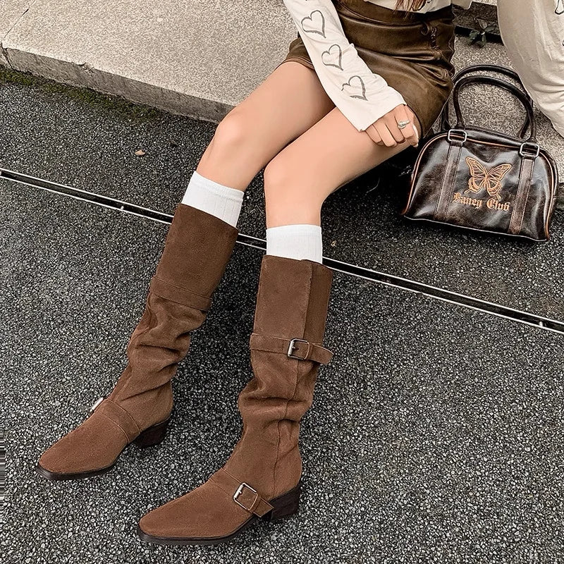 LBSFY -New Square Heels Knee High Boots Women Pointed Toe Runway Shoes Woman Suede Leather Metal Buckle Long Western Cowboy Boots Woman