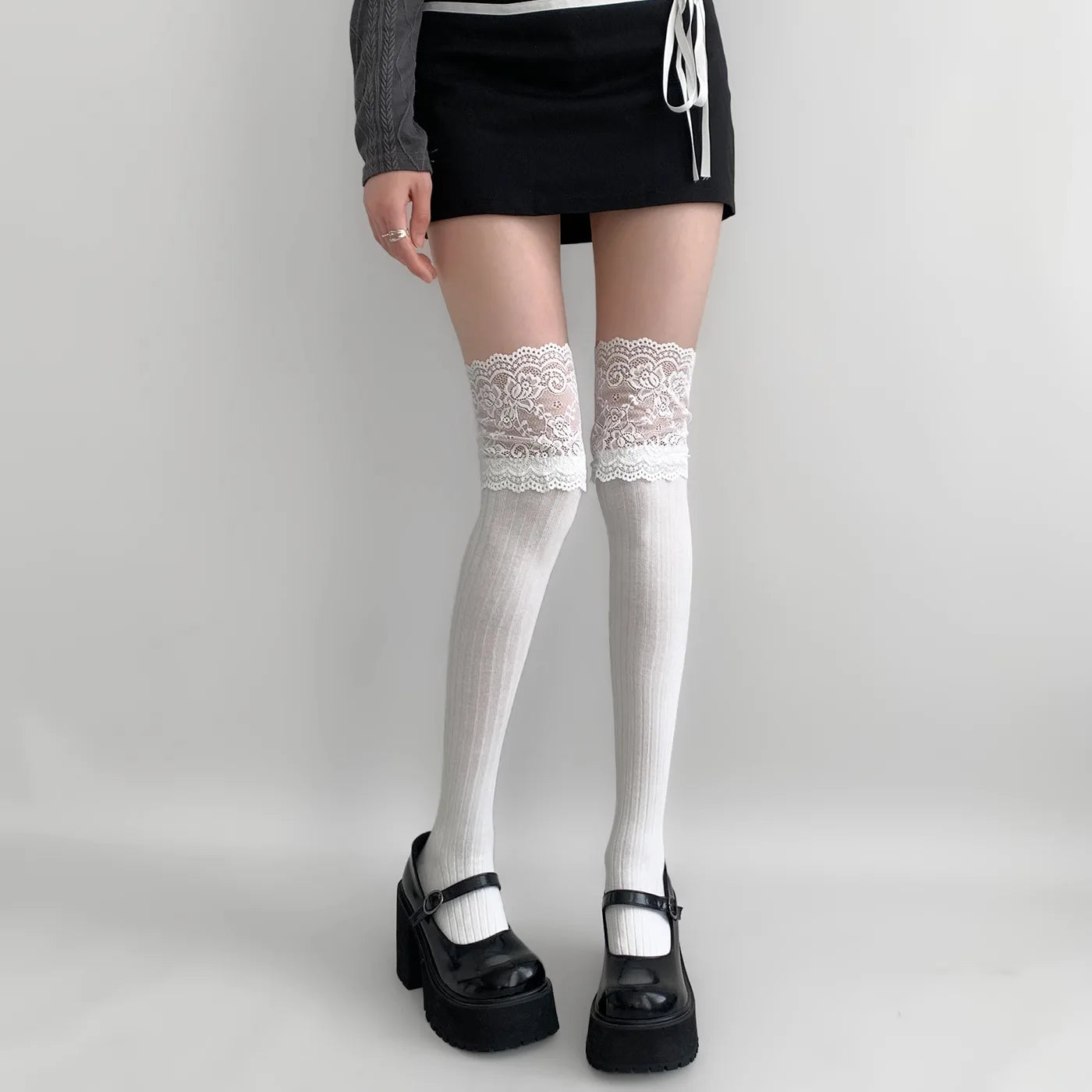 Lbsfy Socks Woman Autumn/Winter Solid Color Thigh High Lace Cute Lolita Thick Warm Stockings Black White Long Leg Socks for Women