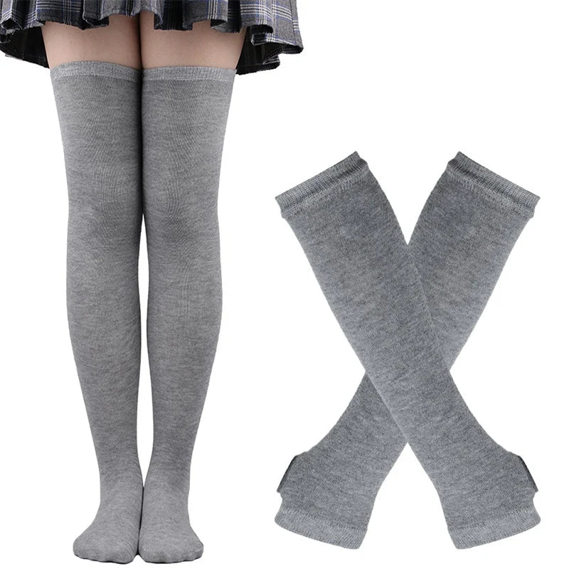 Lbsfy 1 Set Women Girls Over Knee Long Stripe Thigh High Cotton Gothic Lolita Socks Arm Sleeve Gloves Sweet Cute Black Overknee Socks