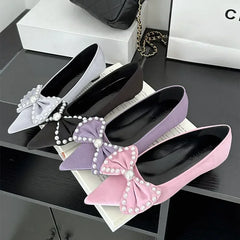 Lbsfy Bowknot Elegant Office Women Shoes Shallow Fashion Satin Pearl Low Heel Dress Shoes Pointed Toe Comfort Loafers Mules Shoes