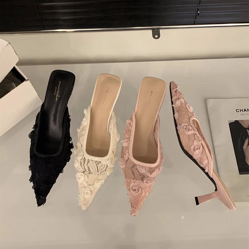 LBSFY - Summer Women's Fashion High Heel Mules Slippers Elegant Cover Toe Dress Lace Slides Ladies Dancing Party Prom Shoes