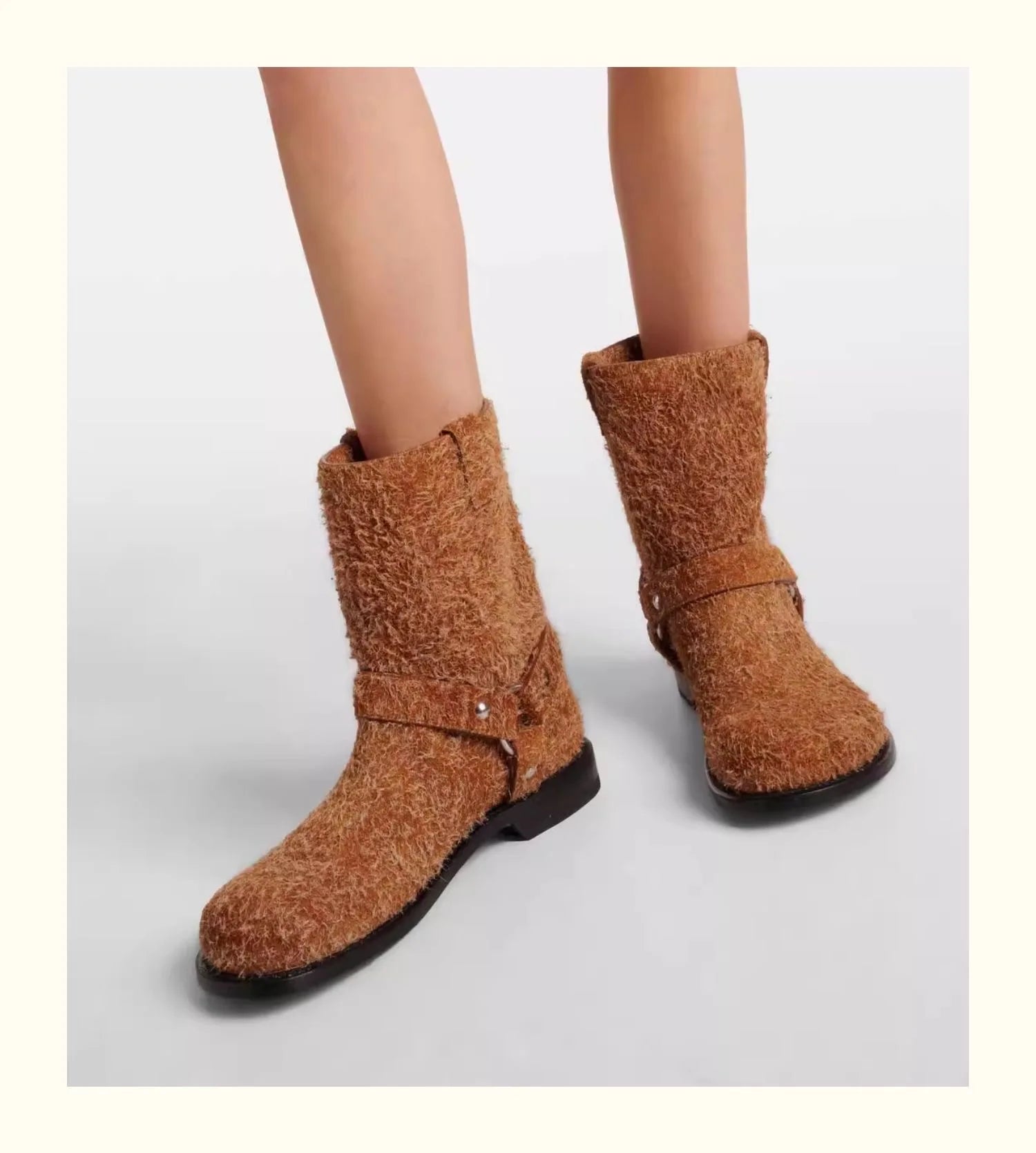 LBSFY  -  Small and Unique Plush Boots Paired with Skirts, Western Cowboy Boots, Women's Flat Bottomed Round Toe Short Tube  Boots