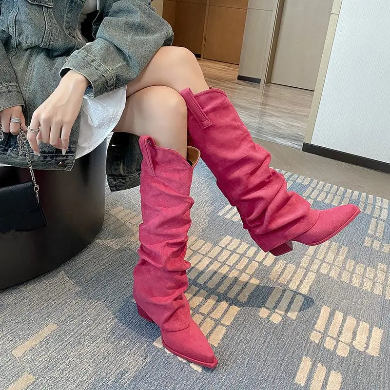 LBSFY  -  Large Size 34-43 New Faux Suede Knee High Boots Women Pointed Toe Block High Heels Pleated Fashion Boots Winter Shoes