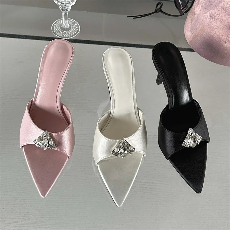 LBSFY  -  Fashion CRYSTAL Diamond Women Slippers 2024 Summer Pointed Toe Ladies Shoes Thin Heels Banquet Slides Sandals