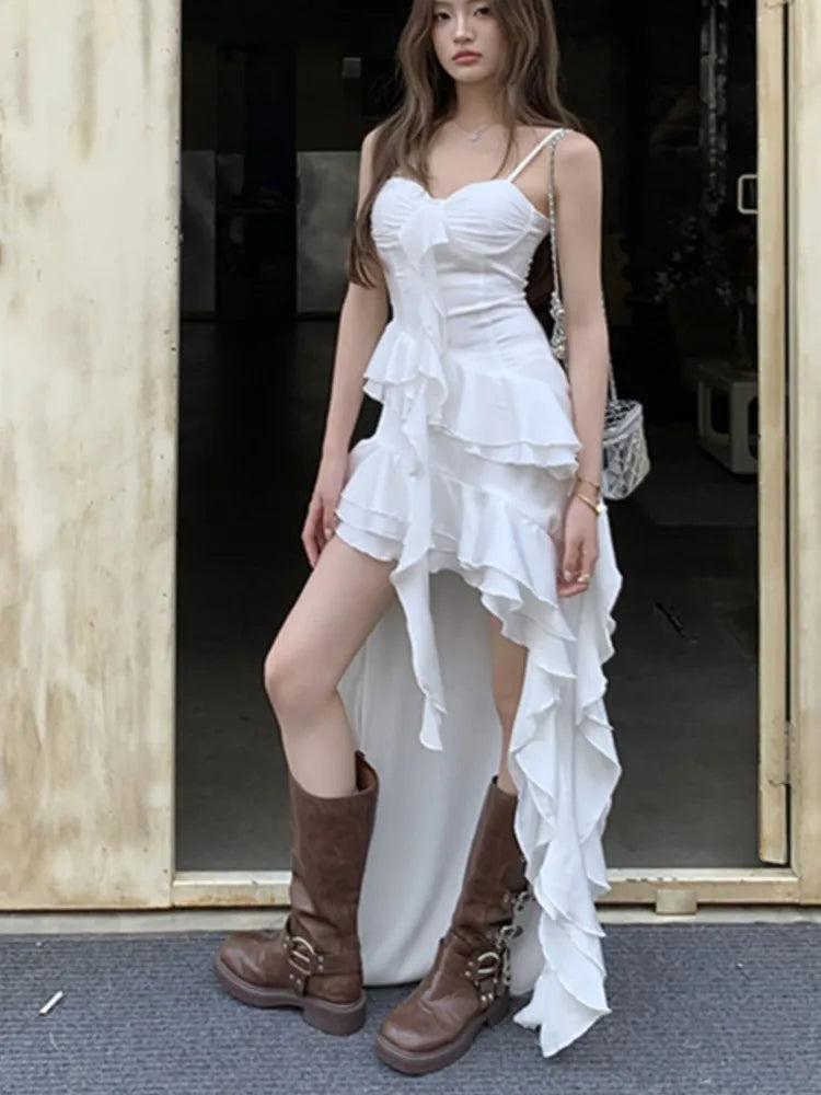LBSFY -Backless Sexy Elegant Women Slip Dresses Summer New Fashion White Ruffles Asymmetrical Vacation Party Club Split Long Dress