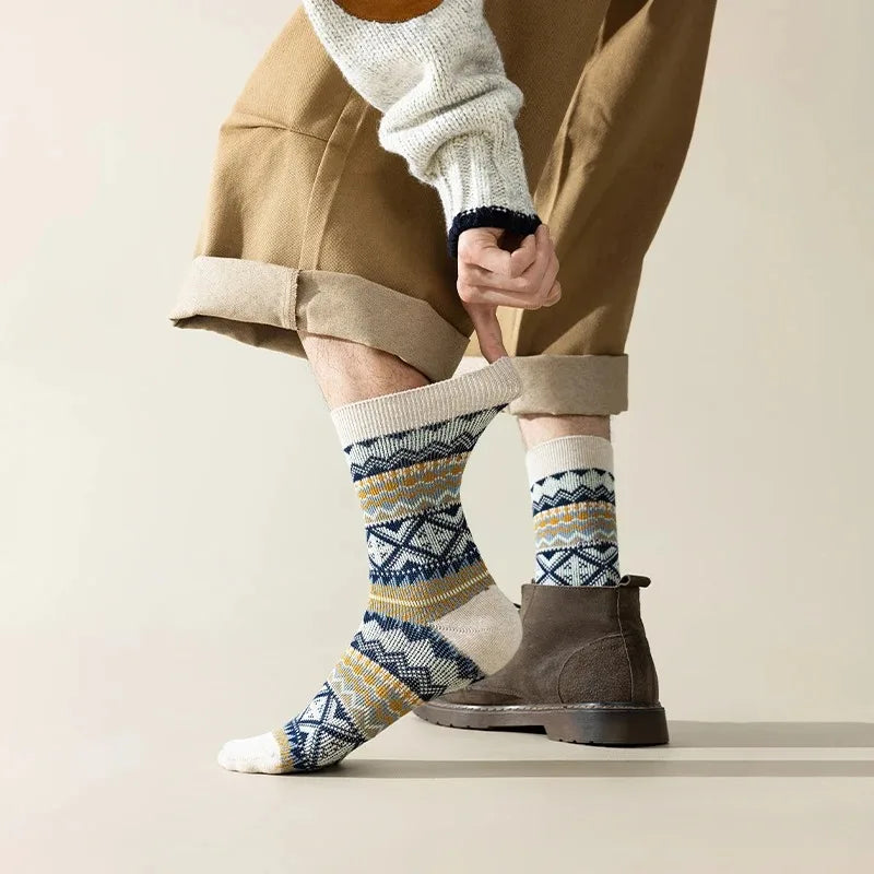 Lbsfy 3 Pairs Men's Retro Socks Ethnic Style Geometric Stripes Cotton Crew Socks Male Breathable and Sweat-absorbing Winter Warm Sock