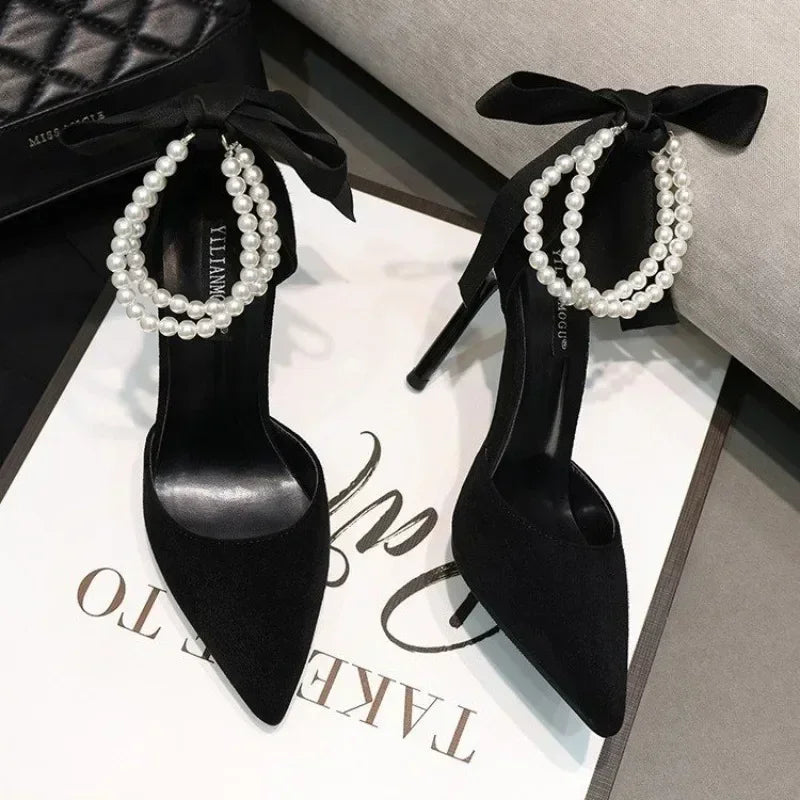 LBSFY  -Shoes for Women Brand Spring Women's Pumps Pointed Toe Solid Flock Beads Bow Tie Buckle Shallow Mouth Novelty High Heels