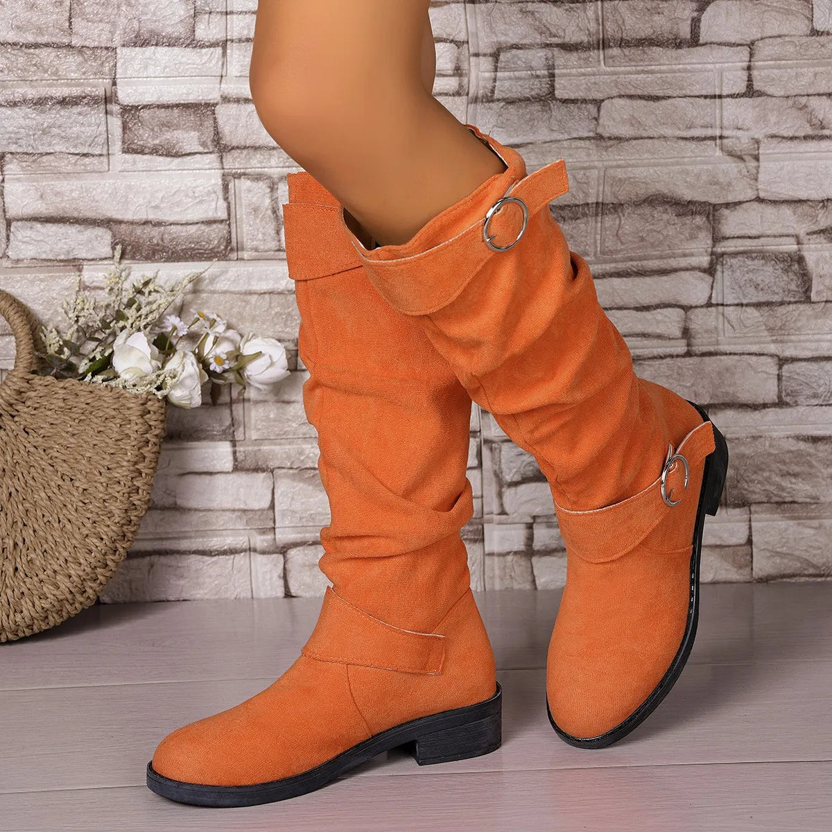 LBSFY -New Women Stylish Mid-Calf Slouchy Boots Soft Comfortable Round Toe Design Easy Pull-On Closure Outdoor Casual Shoes Shoes