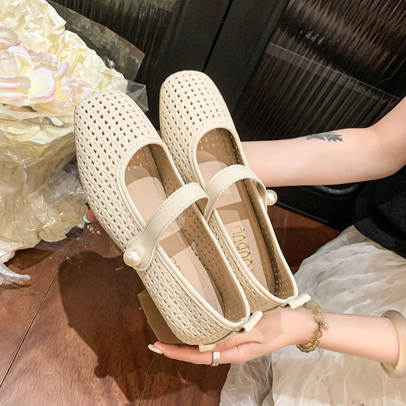 LBSFY -Spring/Summer New Style Fashionable Women's One Word Buckle Mary Janes Round Head Flat Women's Mesh Ballet Shoes Zapatos Mujer