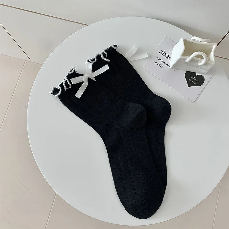 Lbsfy Lolita Sweet Style Ruffle Socks Women's Summer Thin Midtube Short Sock Bow Stockings Korean Street Fashion Calcetines Girls Gift
